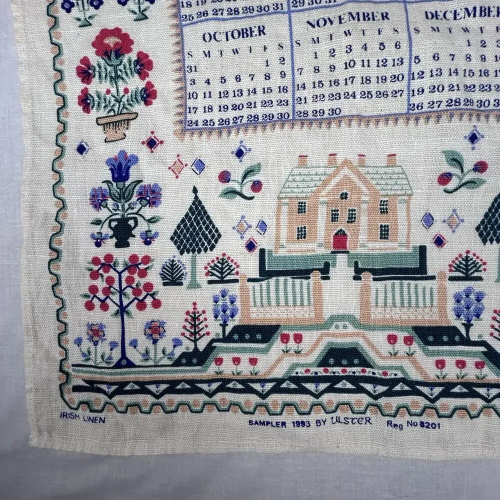 VTG Irish Linen tea towel Sampler 1993 Ulster printed calendar made in Ireland